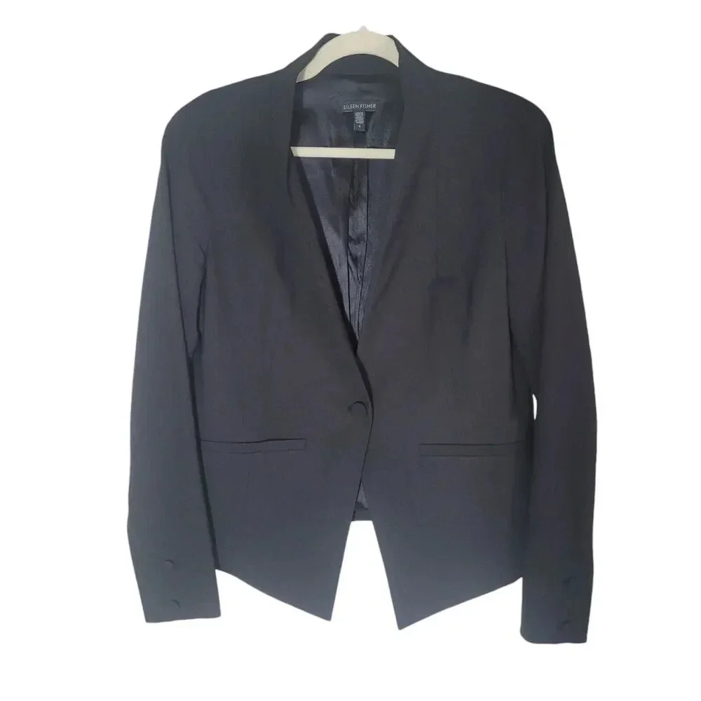 Eileen Fisher Tropical Suiting‎ Blazer Jacket Women's Size 6 Black Wool Blend